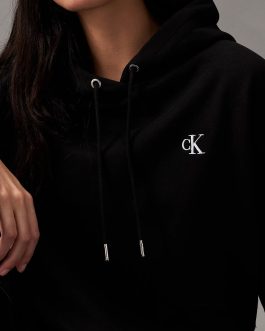 Sudadera Negra Calvin Klein Mujer de Felpa | Capucha y Monograma Bordado